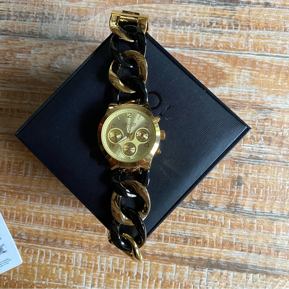 SO&CO Gold Tone & Black Wrist Watch In Box